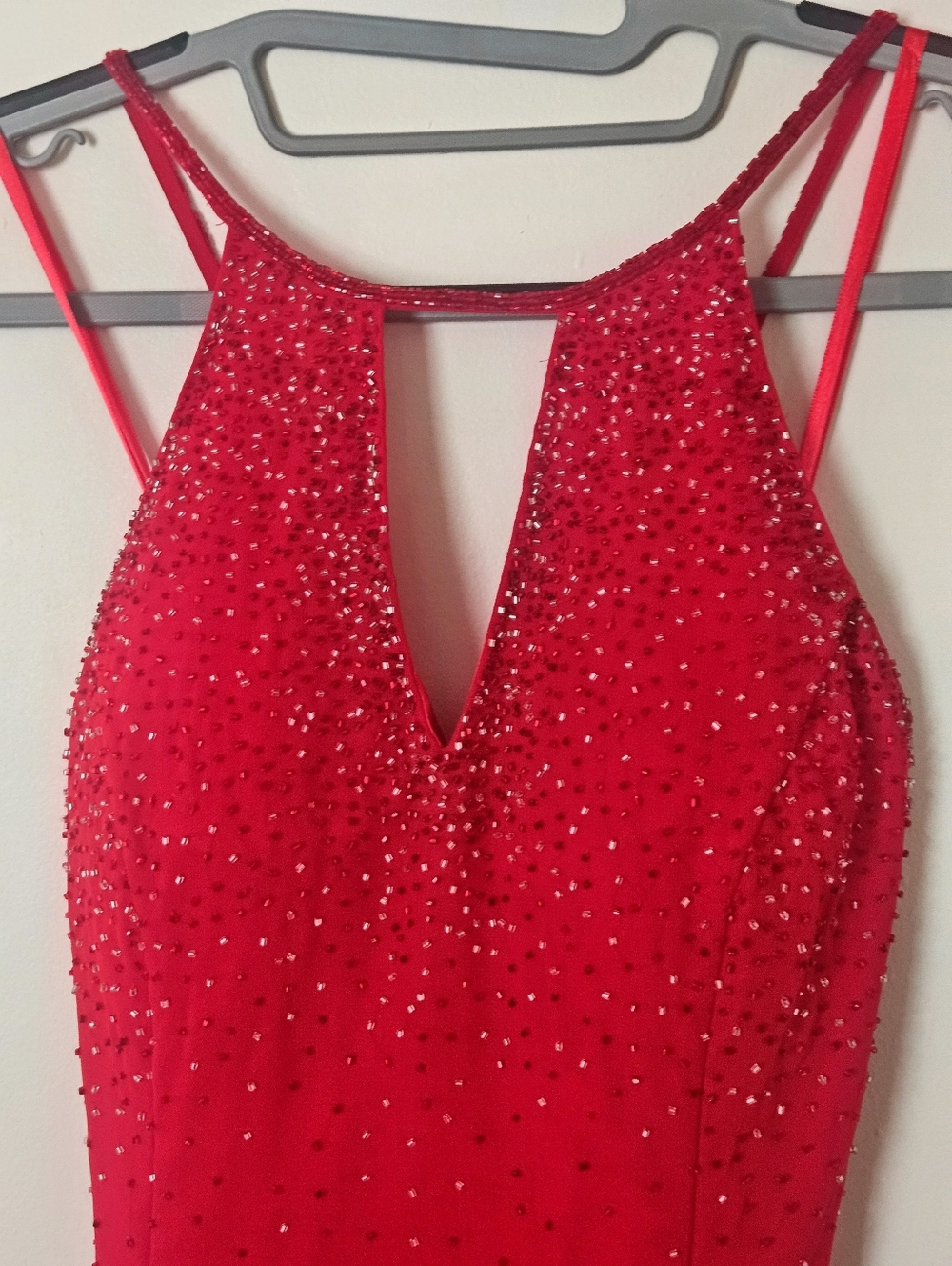 Elegant Red Beaded Halter Maxi Dress